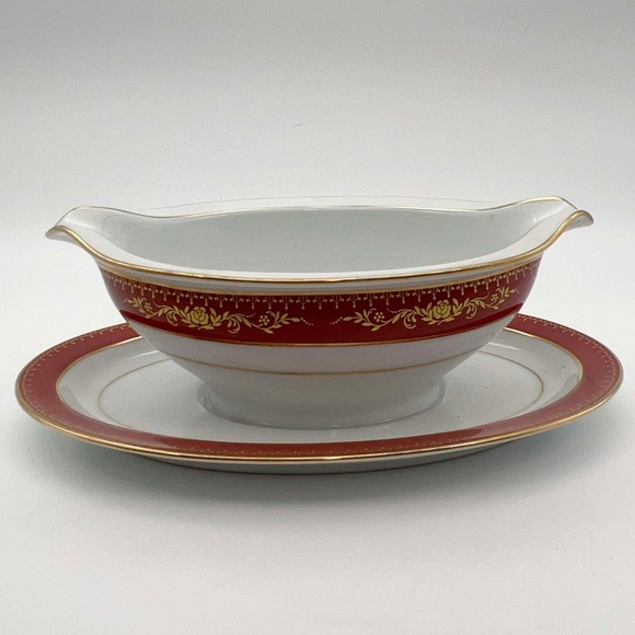 Noritake Goldhill 6613 Gravy Boat w Underplate Red Gold Trim Japan EUC